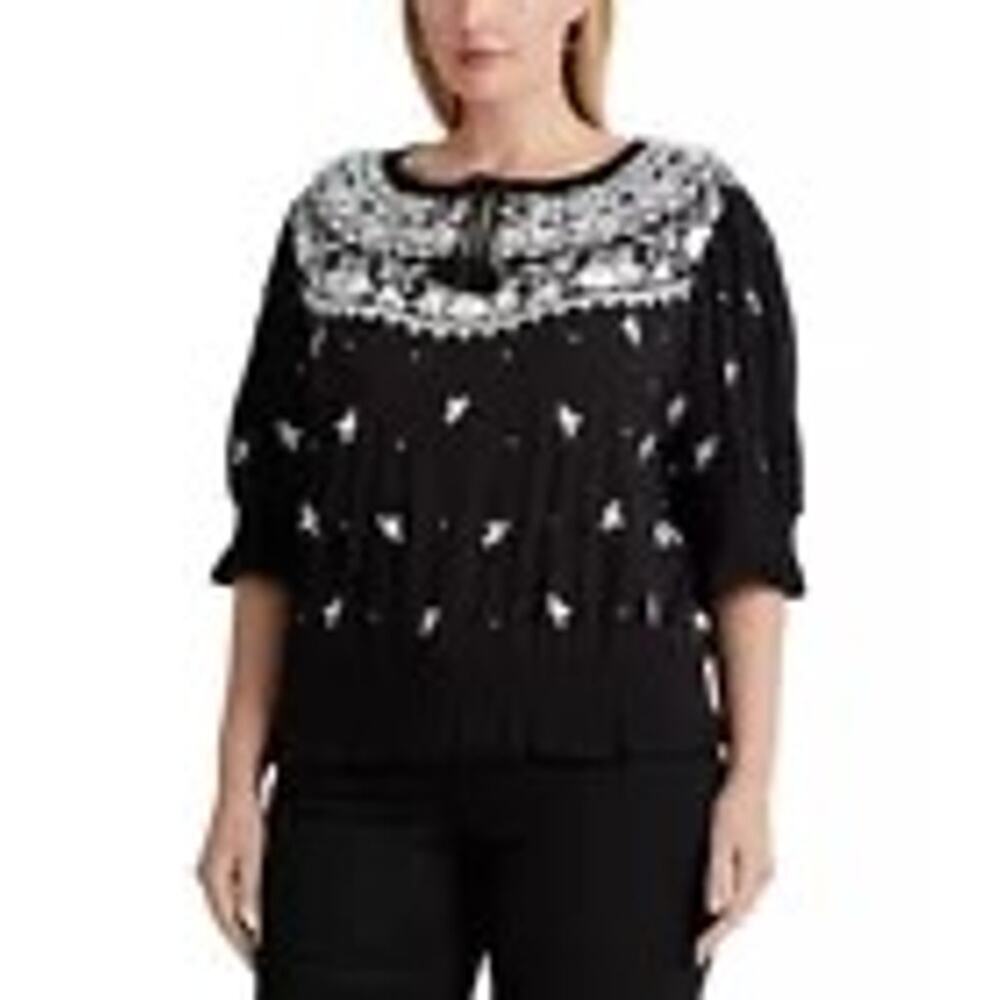 Lauren Ralph Lauren Black White Floral Embroidered Smocked Peasant Top Size 2X